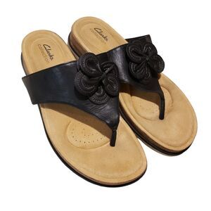 Clarks Brynn Style Leather Slide Toe-Post Sandal-Black-Flip Flop-Women 11